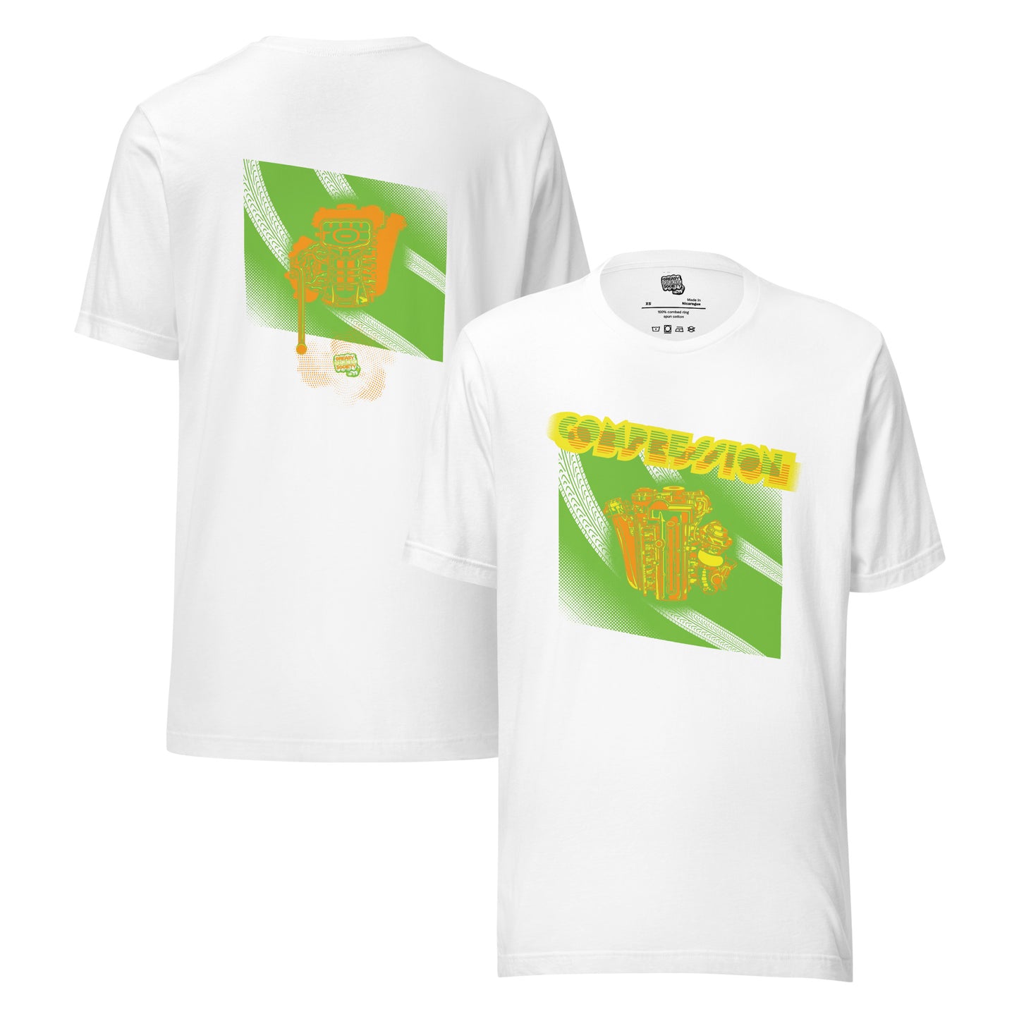 White t-shirt with a green, orange, and yellow illustration of a JDM engine with a big turbo charger from the top and stylized text that says Compression Obsession on the front. On the back is the under side of the engine with exhaust coming out and a small GKS logo in the middle of the smoke.