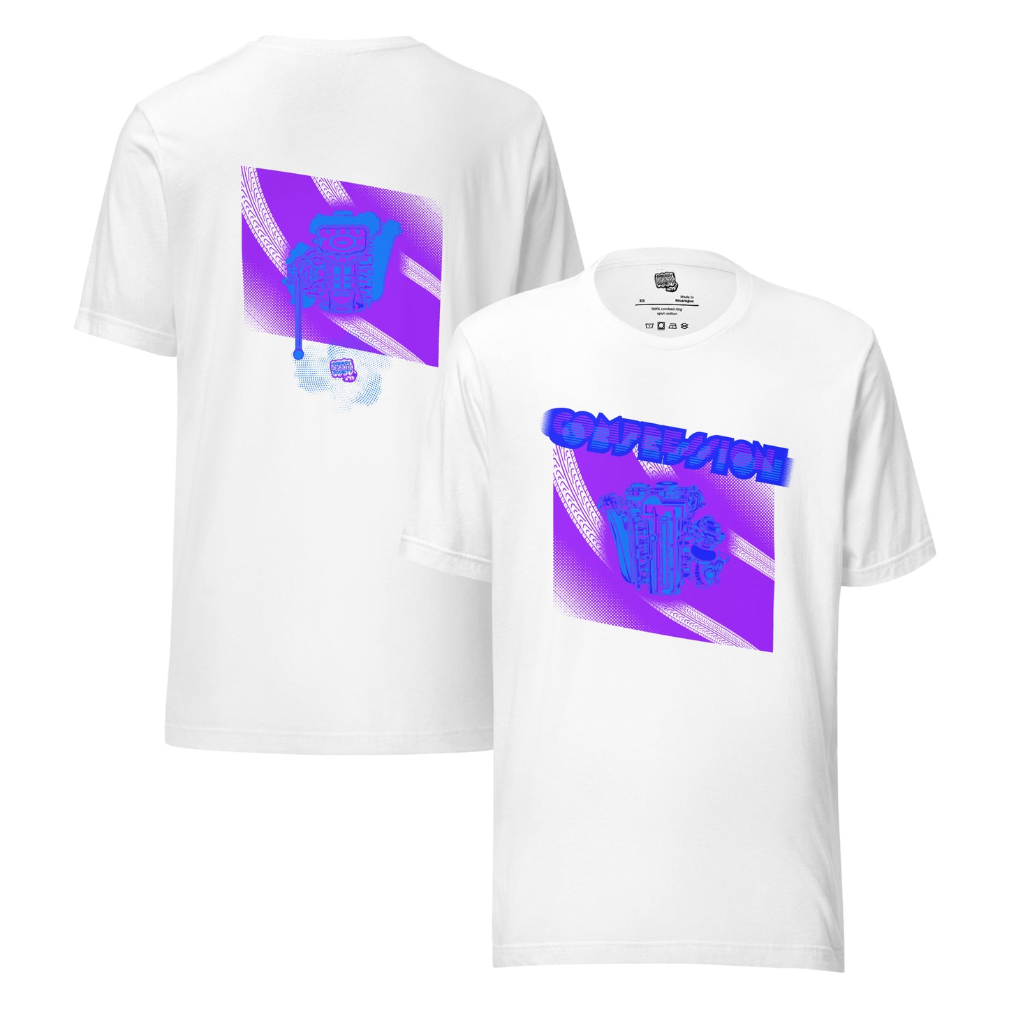 White t-shirt with a purple, light blue, and dark blue illustration of a JDM engine with a big turbo charger from the top and stylized text that says Compression Obsession on the front. On the back is the under side of the engine with exhaust coming out and a small GKS logo in the middle of the smoke.