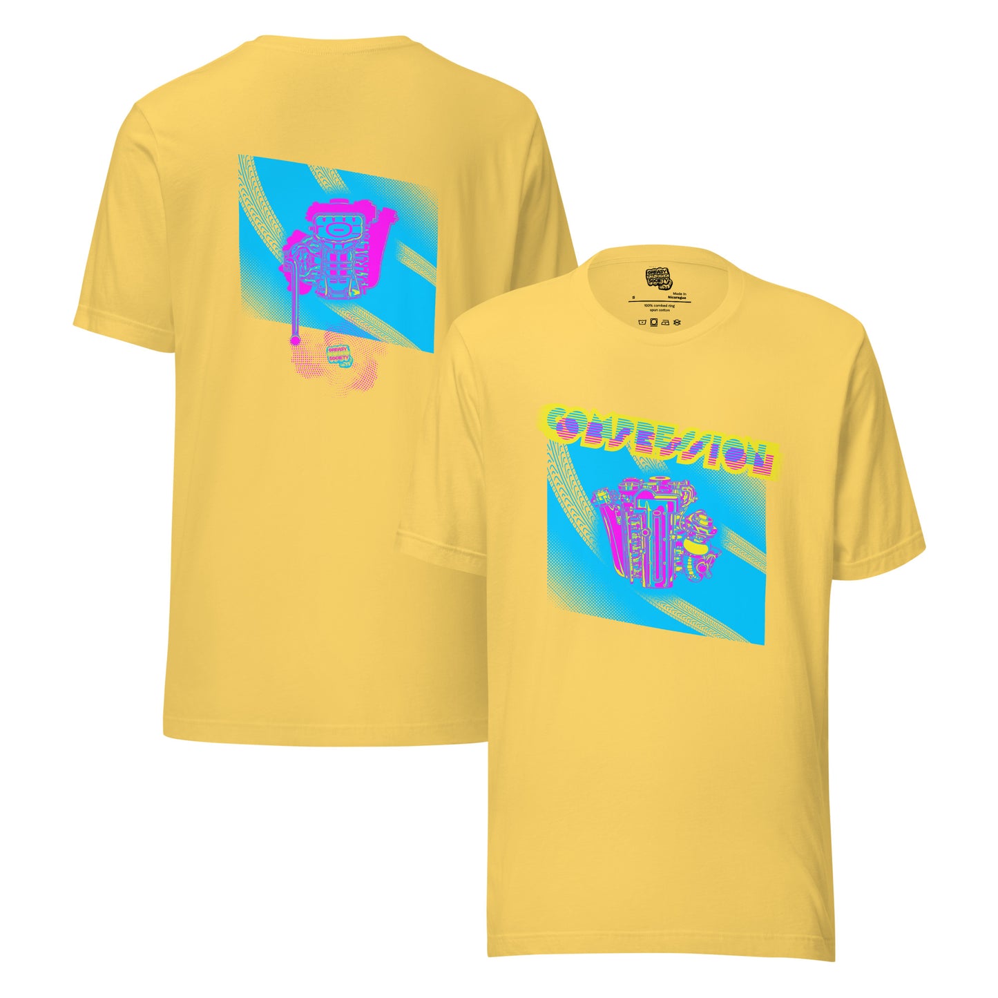 Yellow t-shirt with a blue, pink, and yellow illustration of a JDM engine with a big turbo charger from the top and stylized text that says Compression Obsession on the front. On the back is the under side of the engine with exhaust coming out and a small GKS logo in the middle of the smoke.