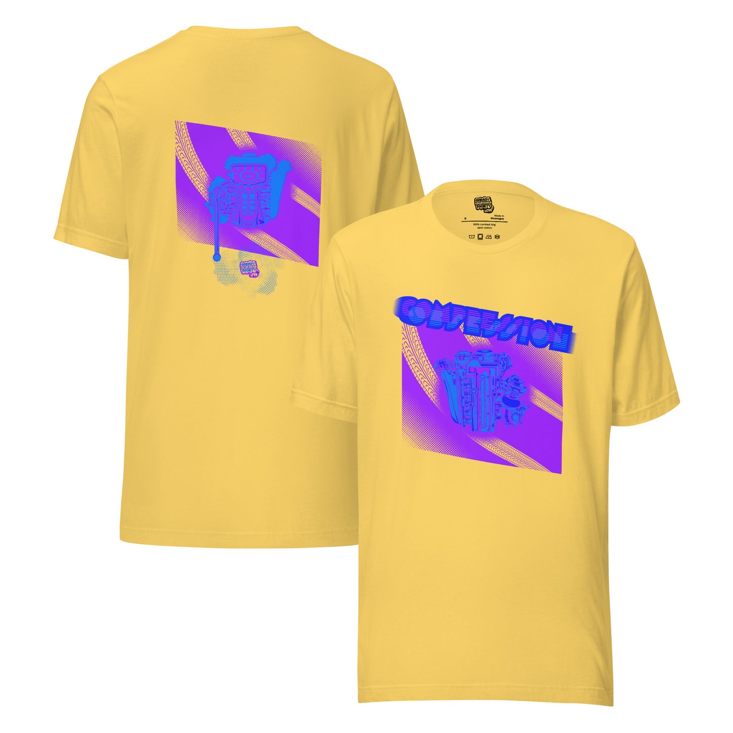 Yellow t-shirt with a purple, light blue, and dark blue illustration of a JDM engine with a big turbo charger from the top and stylized text that says Compression Obsession on the front. On the back is the under side of the engine with exhaust coming out and a small GKS logo in the middle of the smoke.