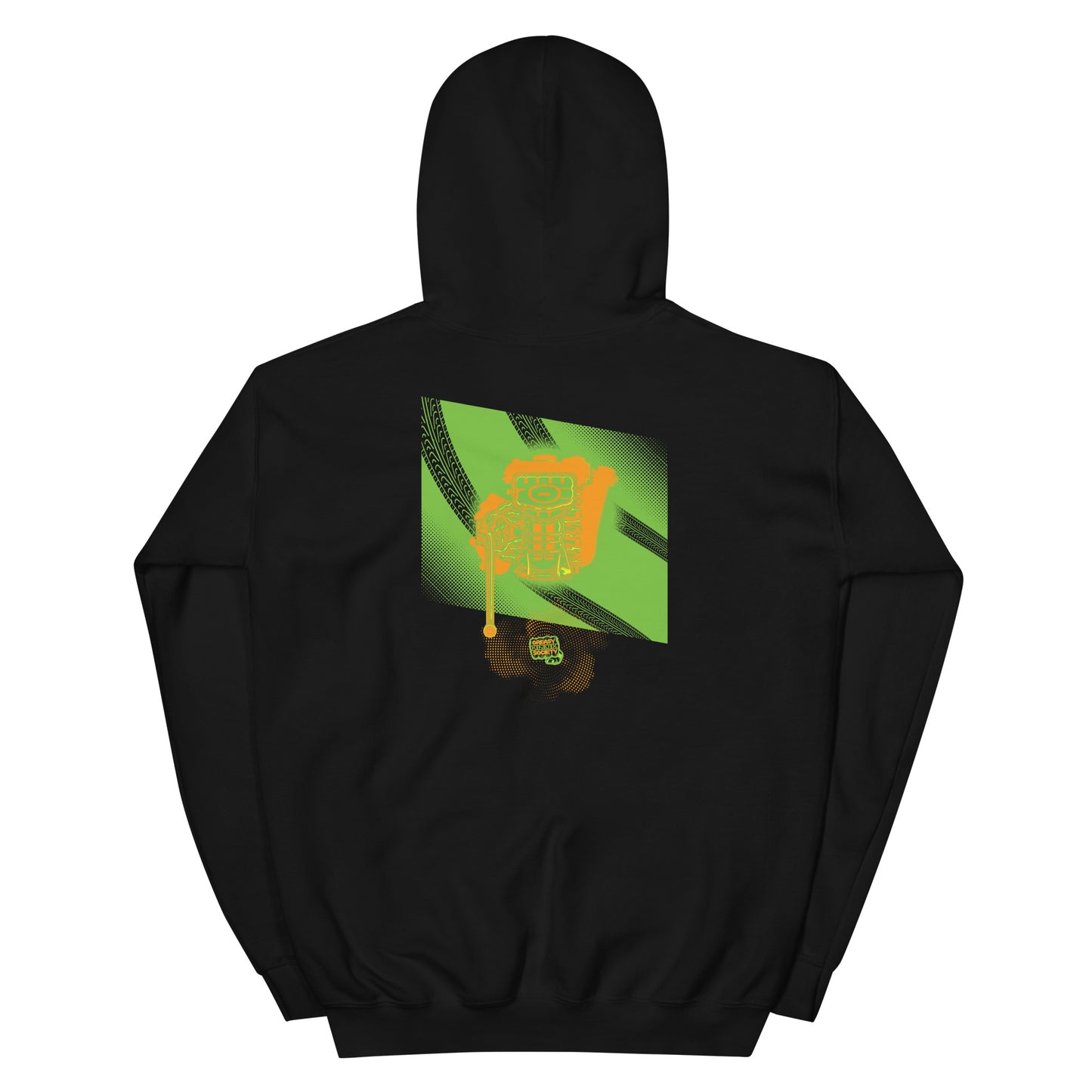 Black hoodie with a green, orange, and yellow illustration of the underside of a JDM engine with exhaust coming out and a small GKS logo in the middle of the smoke.