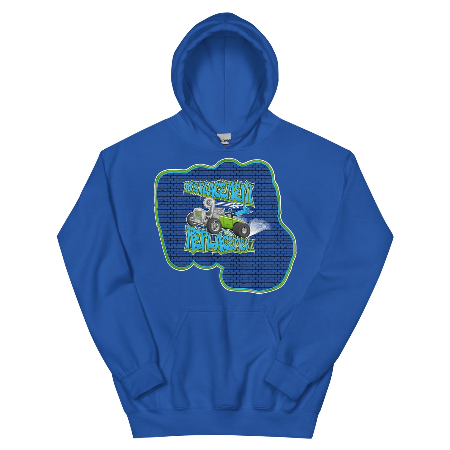 Blue hoodie with green and blue illustration of a retro coupe with a small engine and a giant turbo charger spinning it's wheels in front of a brick wall with a crash test dummy driving and graffiti styled text that reads Displacement Replacement.