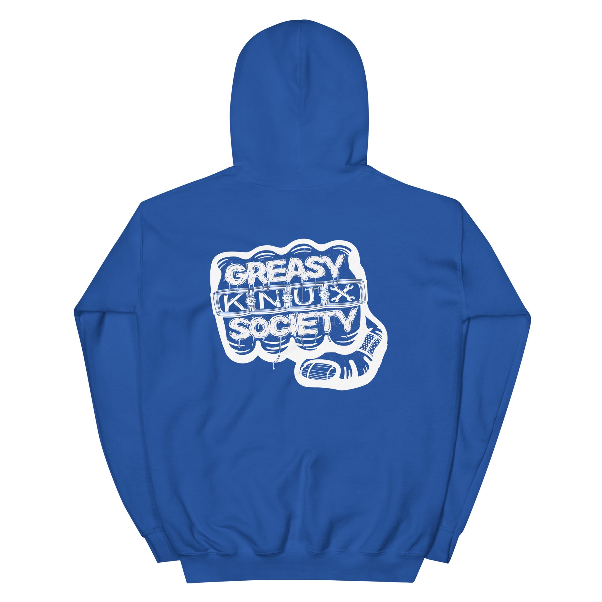 Rear of a blue hoodie with a large white logo consisting of big fist with brass knuckles and bandage on the thumb with type reading Greasy Knux Society. Greasy and Society are stylized to look like dripping grease and Knux is made of various tools.