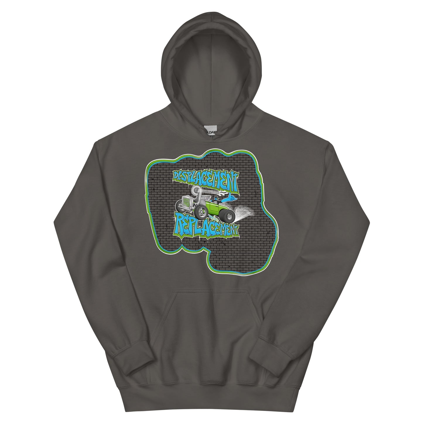 Gray hoodie with green and blue illustration of a retro coupe with a small engine and a giant turbo charger spinning it's wheels in front of a brick wall with a crash test dummy driving and graffiti styled text that reads Displacement Replacement.
