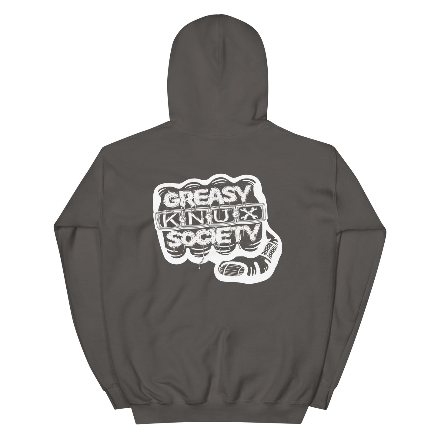 Rear of a gray hoodie with a large white logo consisting of big fist with brass knuckles and bandage on the thumb with type reading Greasy Knux Society. Greasy and Society are stylized to look like dripping grease and Knux is made of various tools.