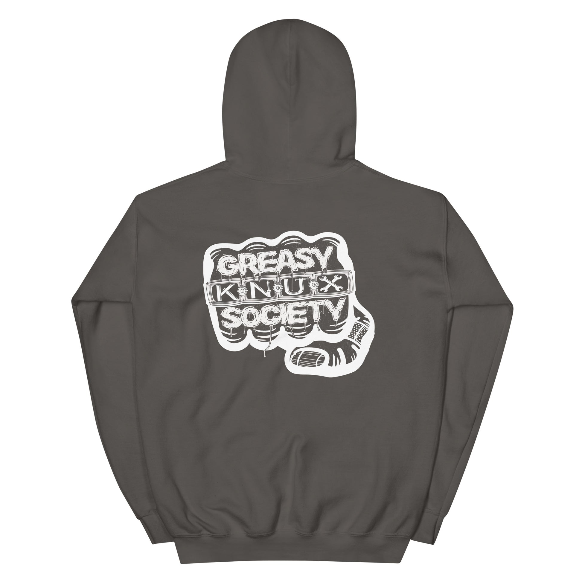 Rear of a gray hoodie with a large white logo consisting of big fist with brass knuckles and bandage on the thumb with type reading Greasy Knux Society. Greasy and Society are stylized to look like dripping grease and Knux is made of various tools.