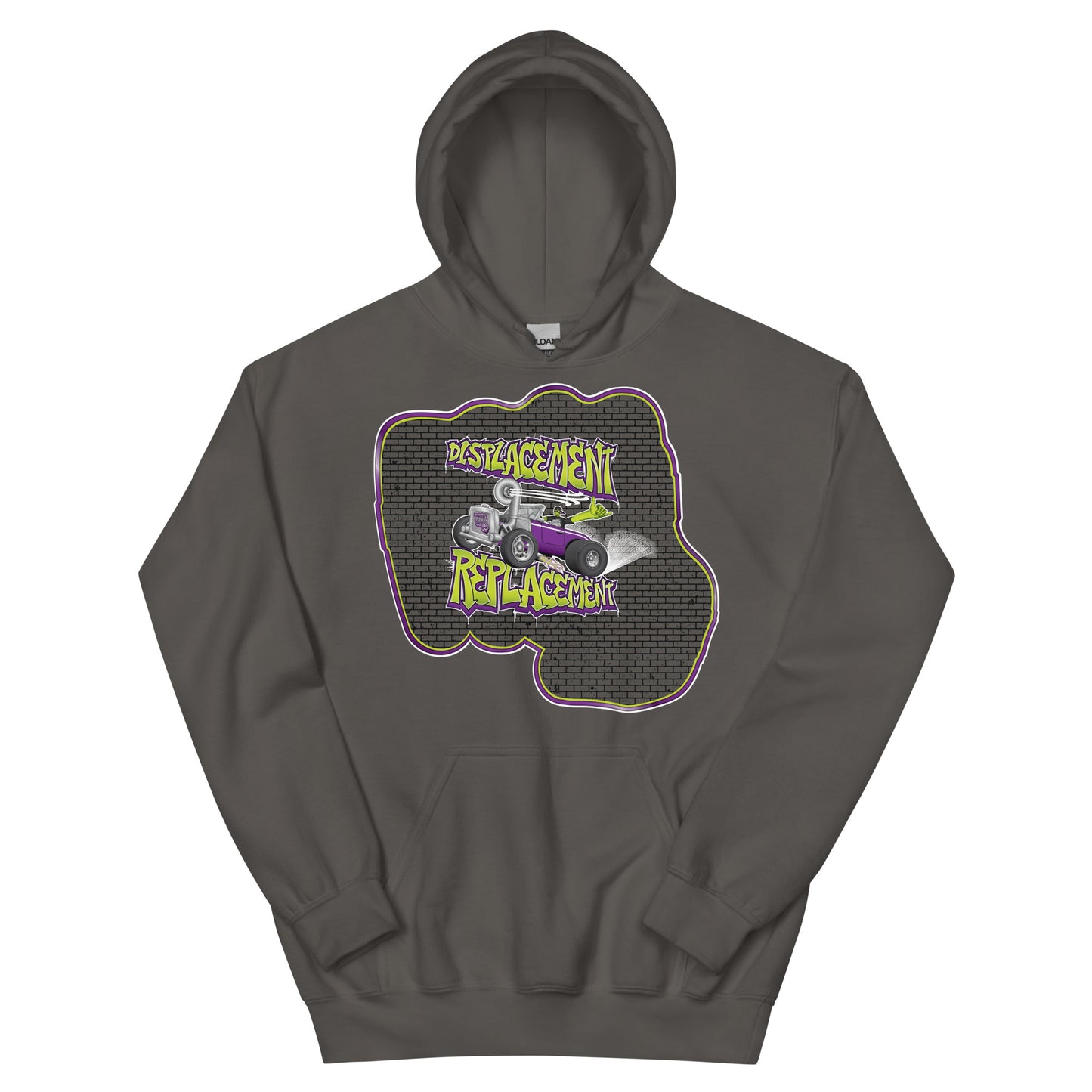 Gray hoodie with green and purple illustration of a retro coupe with a small engine and a giant turbo charger spinning it's wheels in front of a brick wall with a crash test dummy driving and graffiti styled text that reads Displacement Replacement.