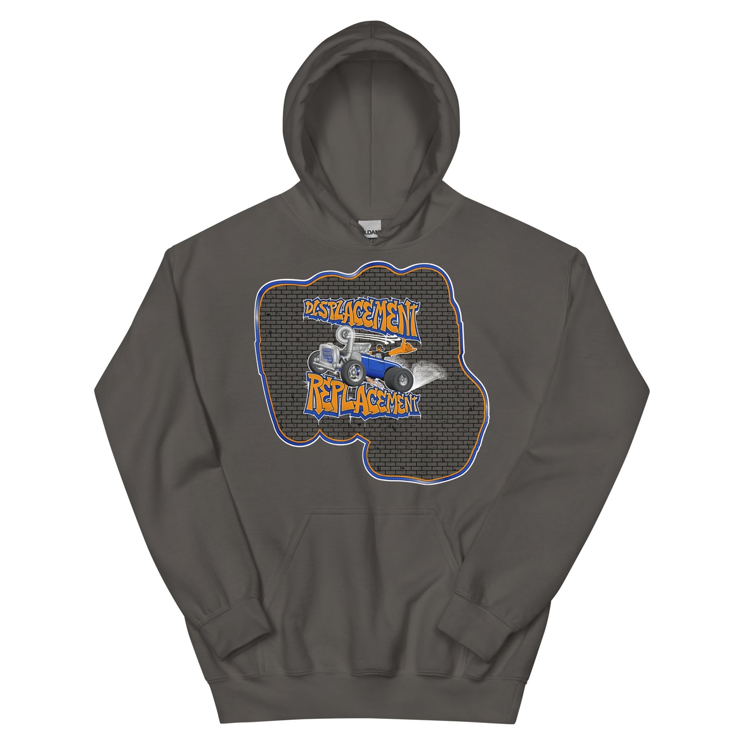 Gray hoodie with orange and blue illustration of a retro coupe with a small engine and a giant turbo charger spinning it's wheels in front of a brick wall with a crash test dummy driving and graffiti styled text that reads Displacement Replacement.