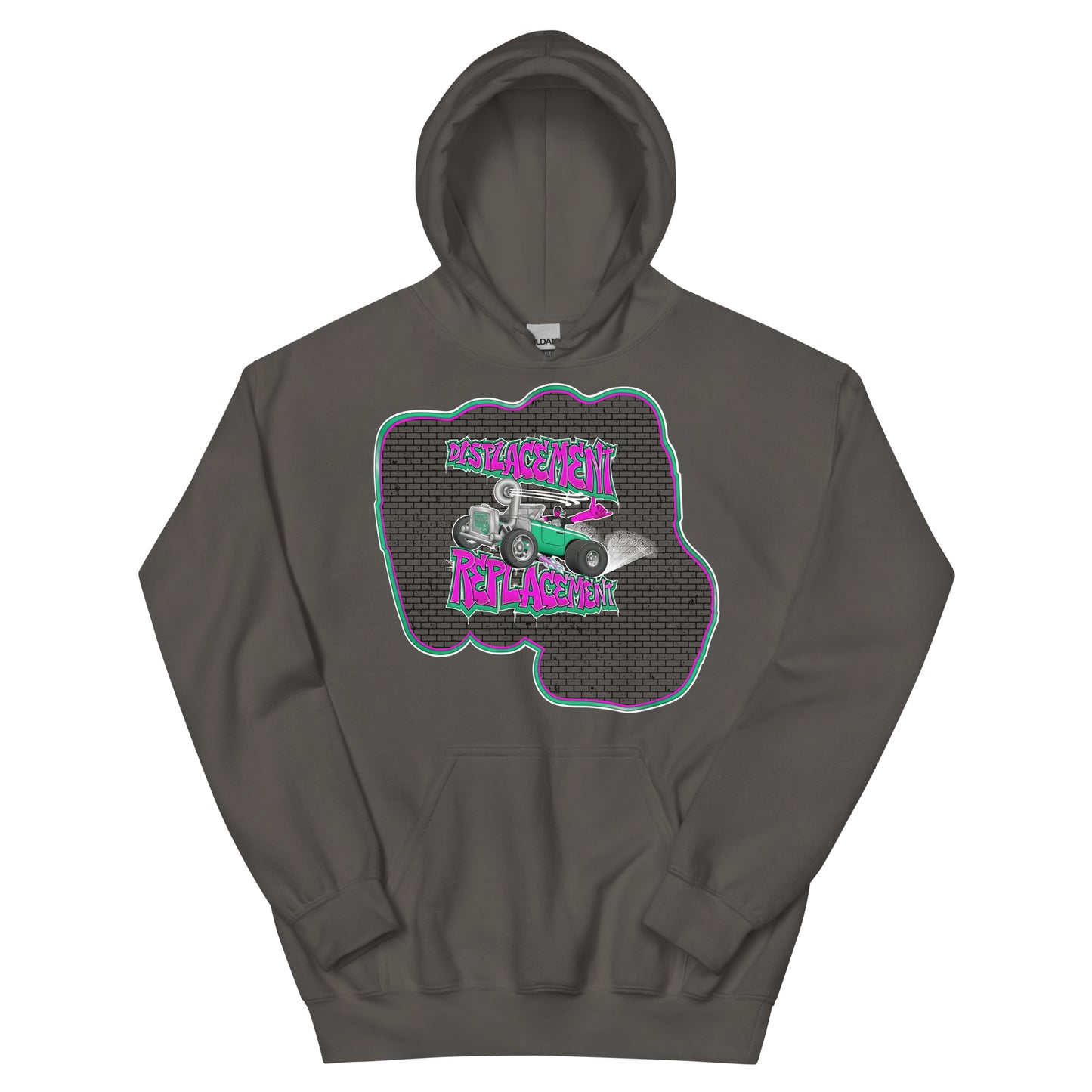 Gray hoodie with pink and teal illustration of a retro coupe with a small engine and a giant turbo charger spinning it's wheels in front of a brick wall with a crash test dummy driving and graffiti styled text that reads Displacement Replacement.