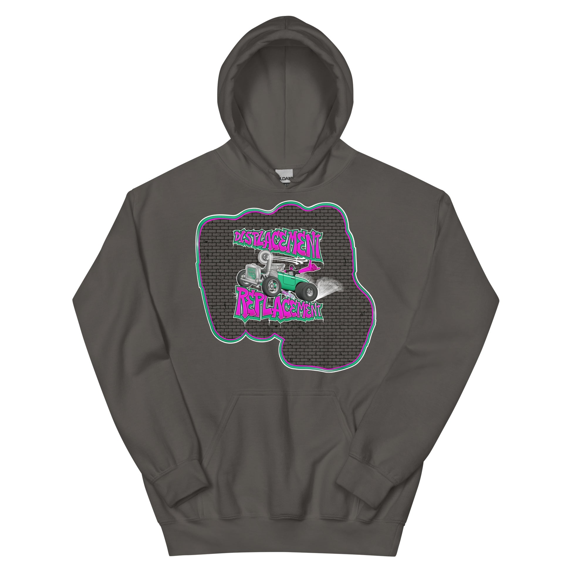 Gray hoodie with pink and teal illustration of a retro coupe with a small engine and a giant turbo charger spinning it's wheels in front of a brick wall with a crash test dummy driving and graffiti styled text that reads Displacement Replacement.