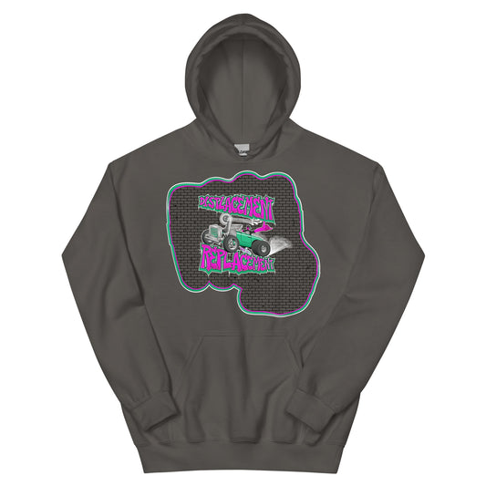 Gray hoodie with pink and teal illustration of a retro coupe with a small engine and a giant turbo charger spinning it's wheels in front of a brick wall with a crash test dummy driving and graffiti styled text that reads Displacement Replacement.