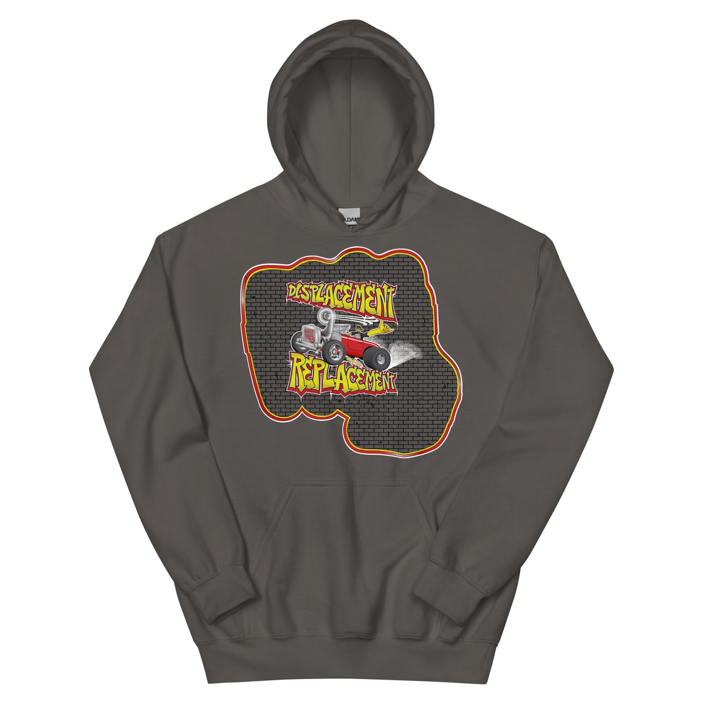 Gray hoodie with red and yellow illustration of a retro coupe with a small engine and a giant turbo charger spinning it's wheels in front of a brick wall with a crash test dummy driving and graffiti styled text that reads Displacement Replacement.
