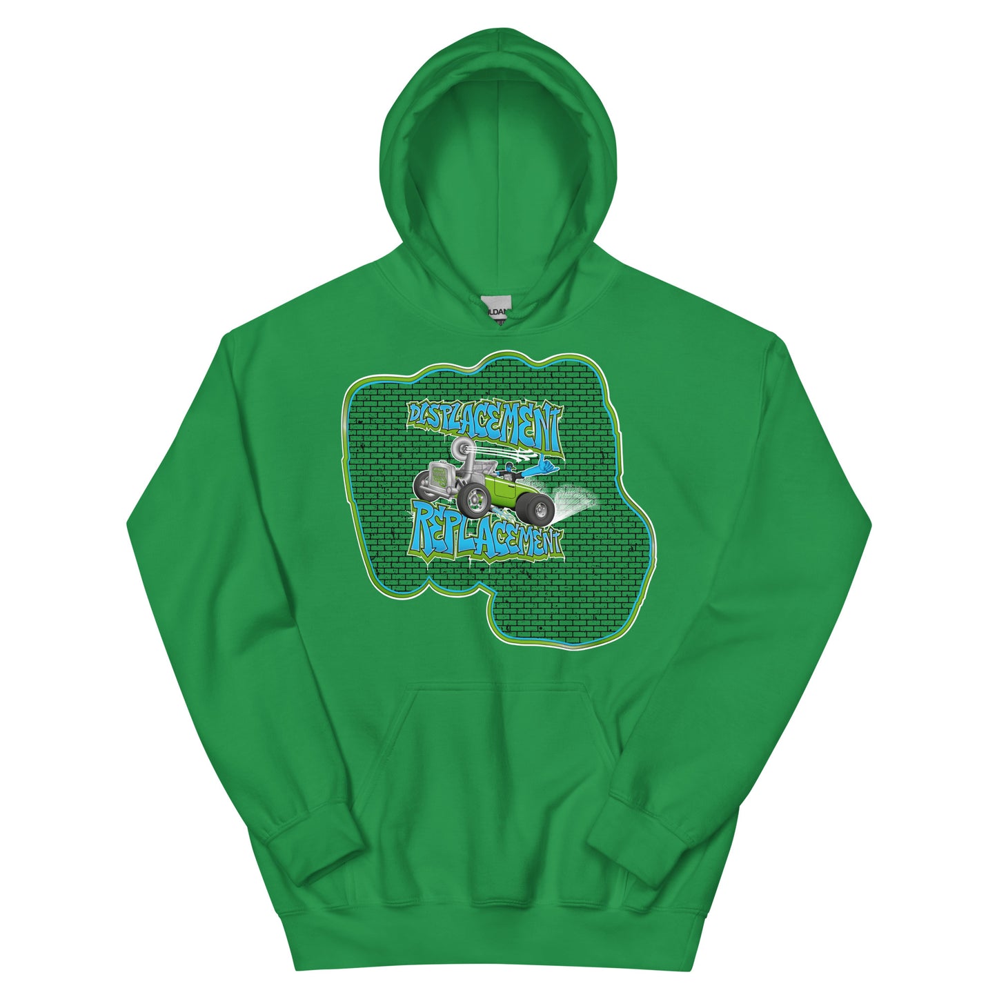 Green hoodie with green and blue illustration of a retro coupe with a small engine and a giant turbo charger spinning it's wheels in front of a brick wall with a crash test dummy driving and graffiti styled text that reads Displacement Replacement.