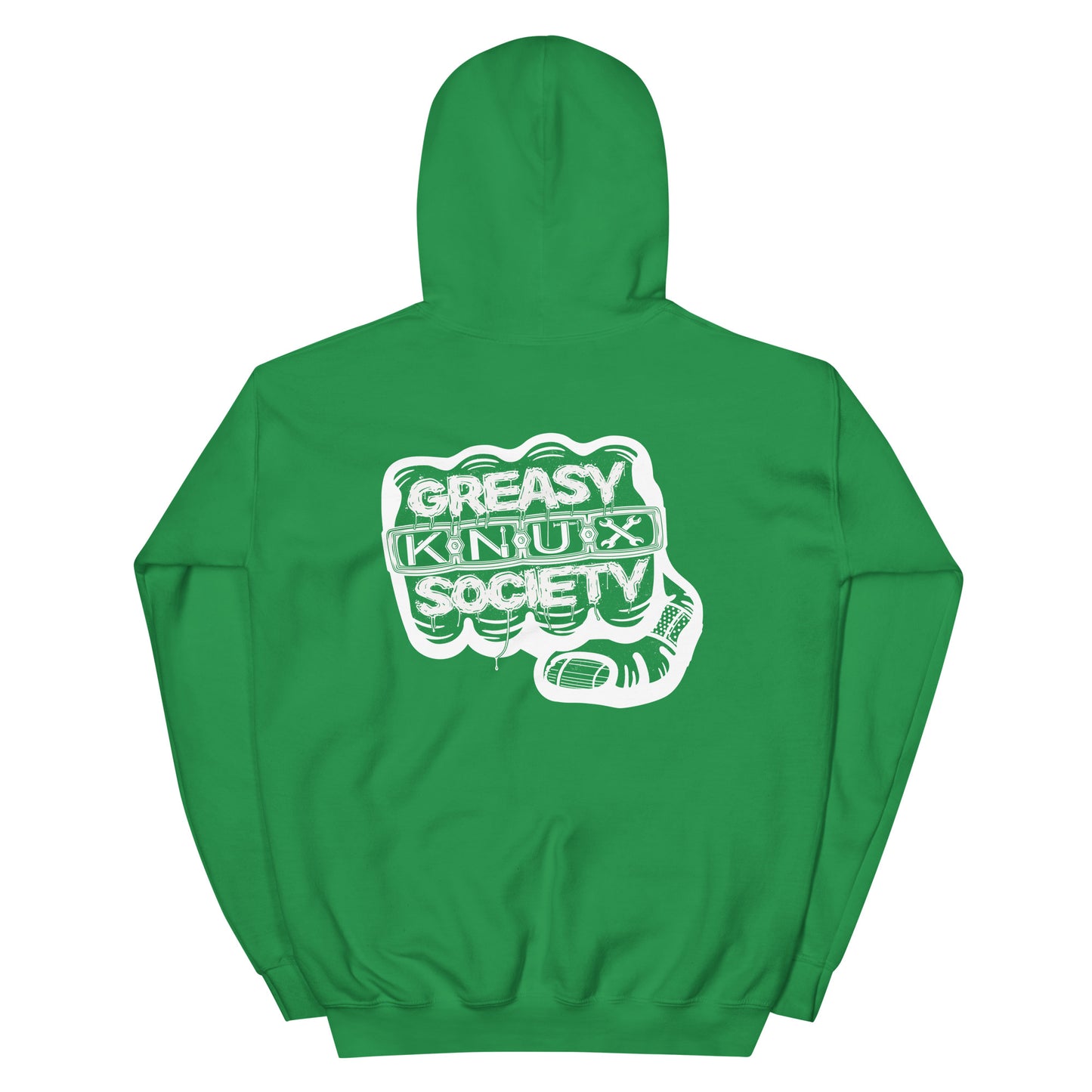 Rear of a green hoodie with a large white logo consisting of big fist with brass knuckles and bandage on the thumb with type reading Greasy Knux Society. Greasy and Society are stylized to look like dripping grease and Knux is made of various tools.