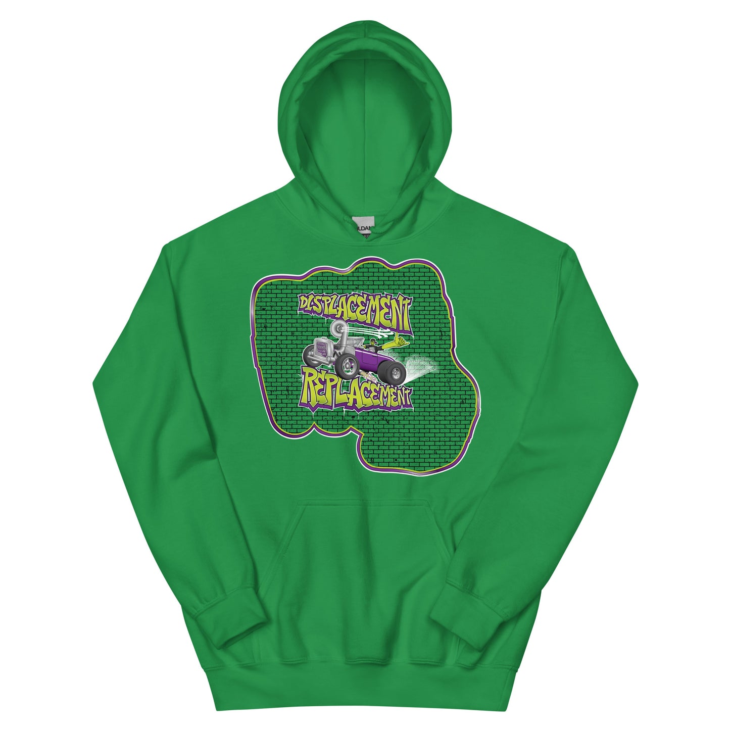 Green hoodie with green and purple illustration of a retro coupe with a small engine and a giant turbo charger spinning it's wheels in front of a brick wall with a crash test dummy driving and graffiti styled text that reads Displacement Replacement.