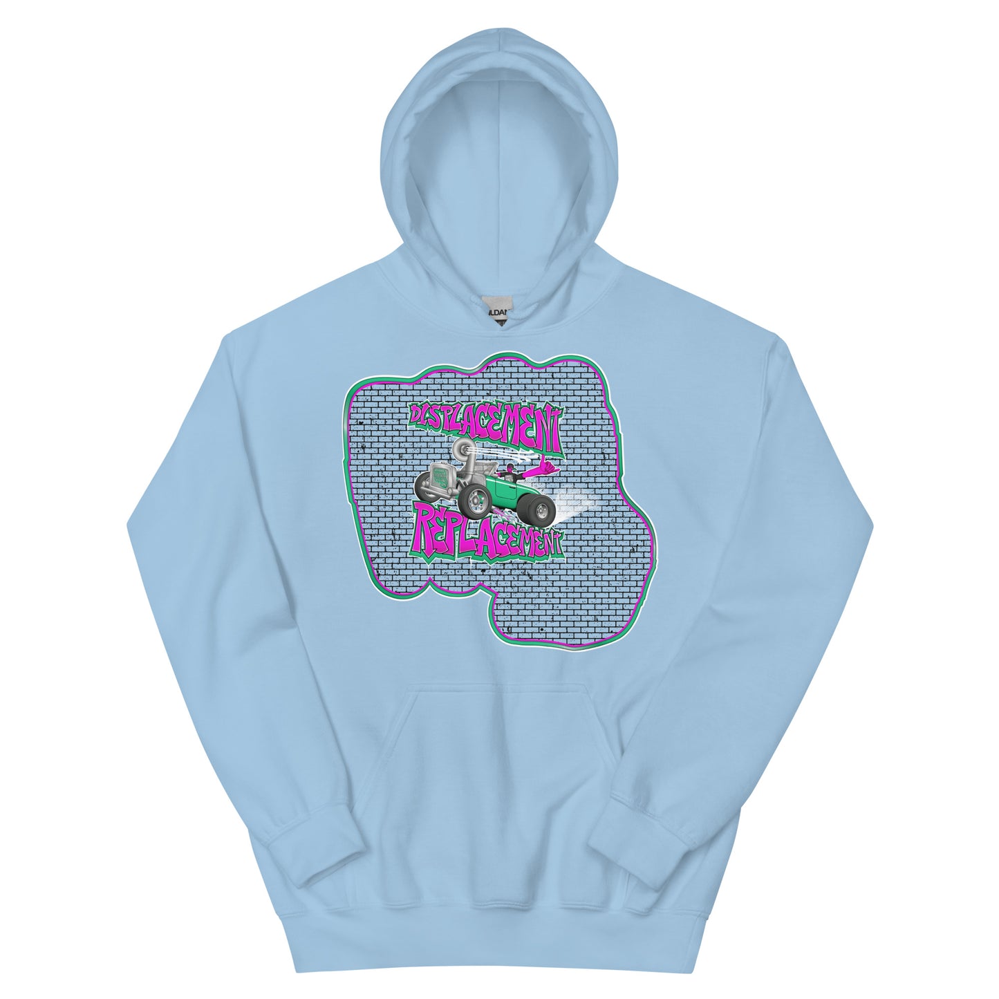 Light blue hoodie with pink and teal illustration of a retro coupe with a small engine and a giant turbo charger spinning it's wheels in front of a brick wall with a crash test dummy driving and graffiti styled text that reads Displacement Replacement.