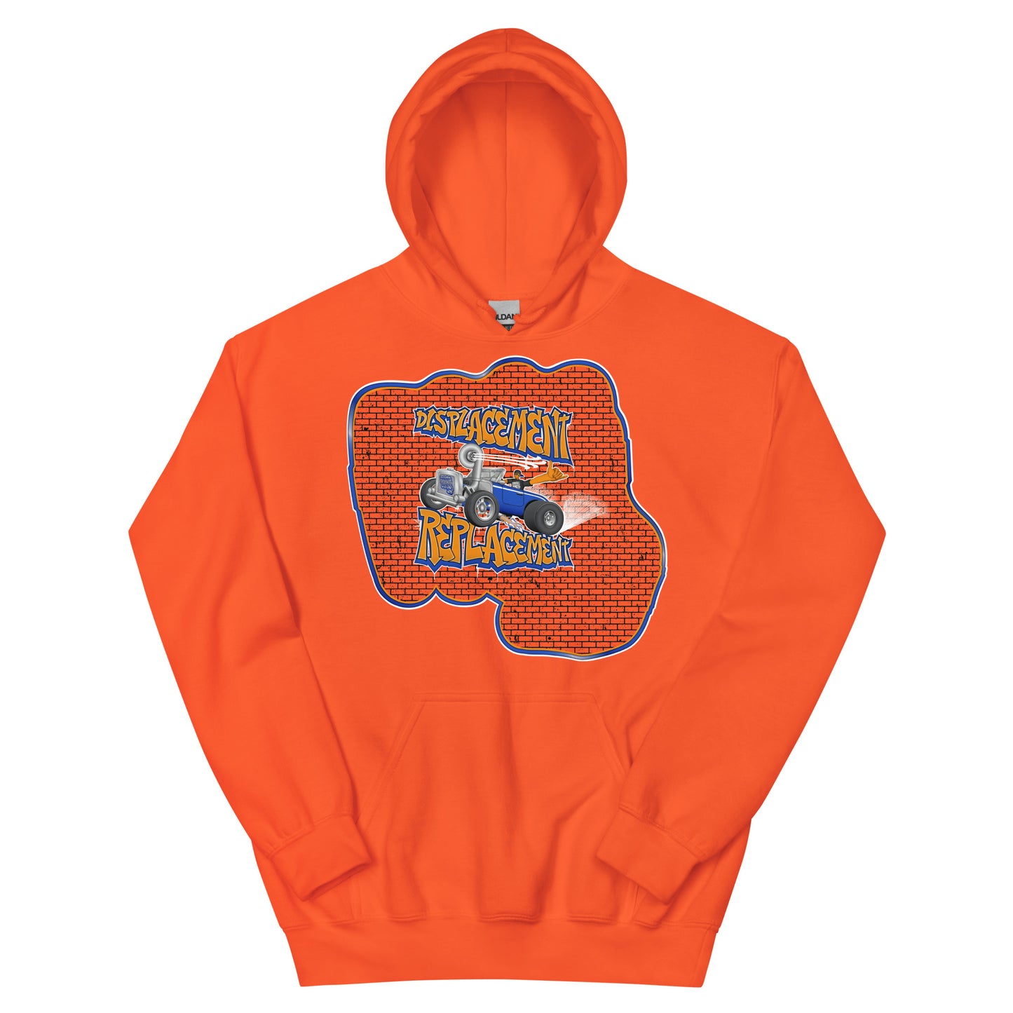 Orange hoodie with orange and blue illustration of a retro coupe with a small engine and a giant turbo charger spinning it's wheels in front of a brick wall with a crash test dummy driving and graffiti styled text that reads Displacement Replacement.