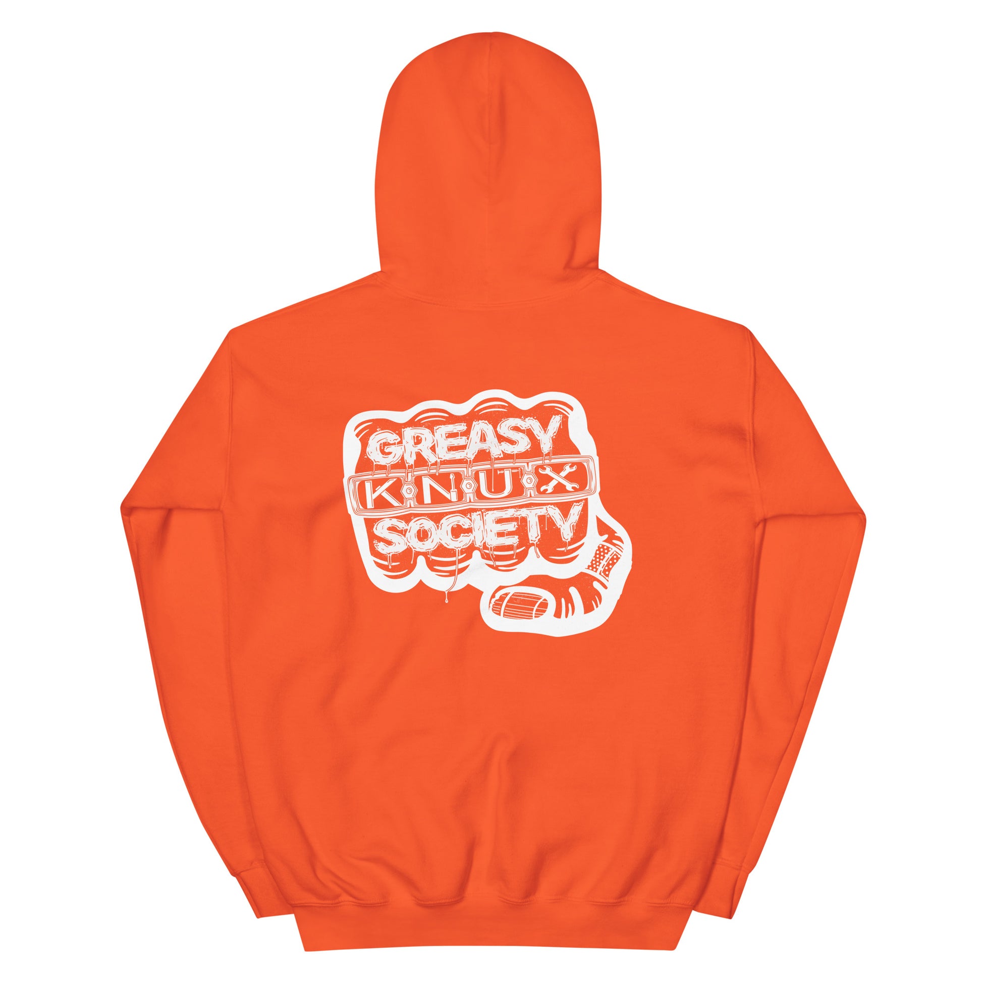 Rear of a orange hoodie with a large white logo consisting of big fist with brass knuckles and bandage on the thumb with type reading Greasy Knux Society. Greasy and Society are stylized to look like dripping grease and Knux is made of various tools.