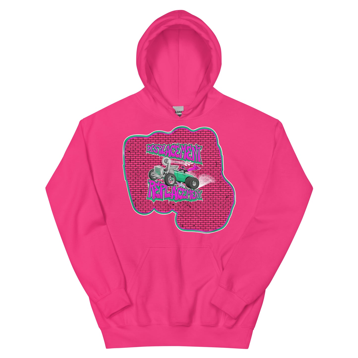 Pink hoodie with pink and teal illustration of a retro coupe with a small engine and a giant turbo charger spinning it's wheels in front of a brick wall with a crash test dummy driving and graffiti styled text that reads Displacement Replacement.