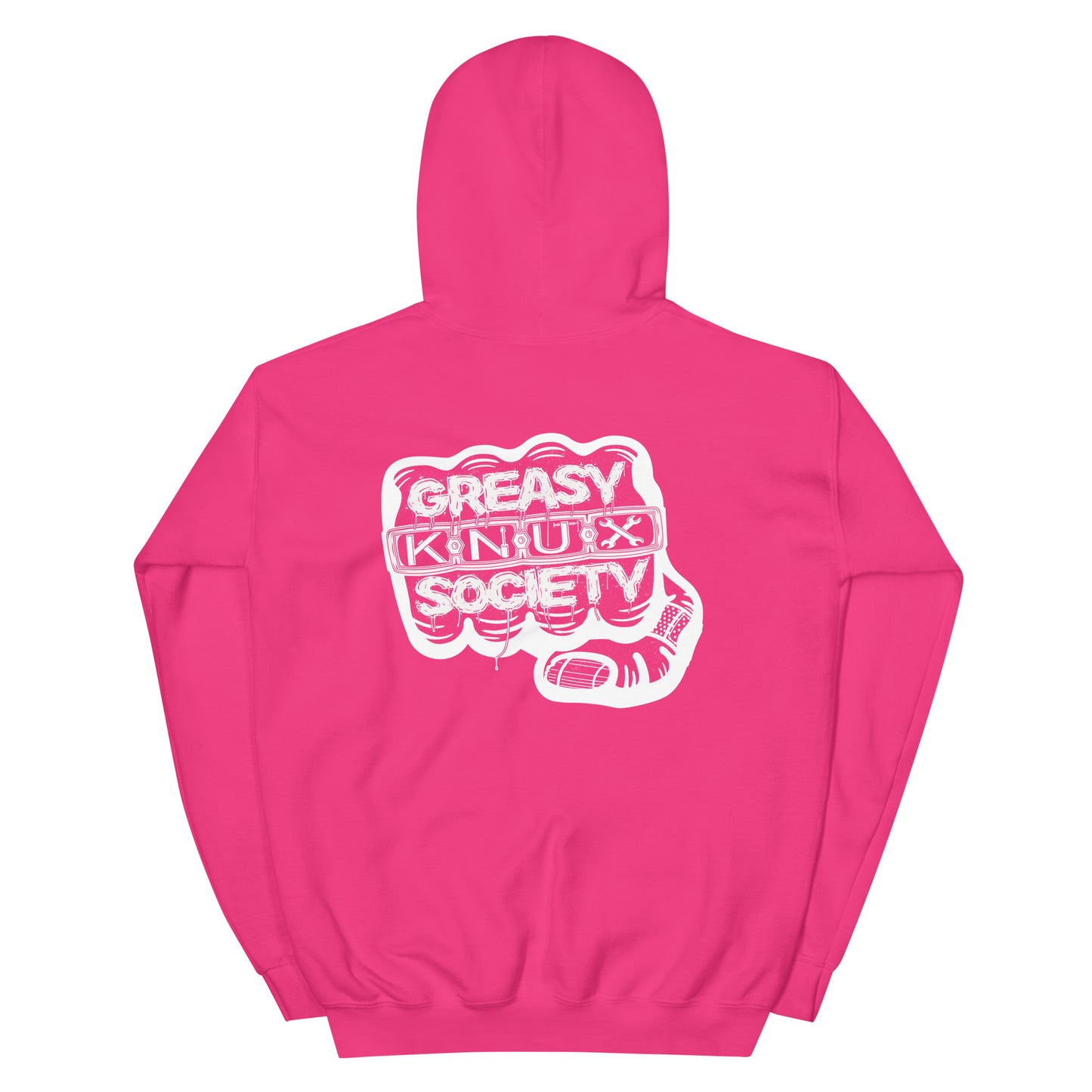 Rear of a pink hoodie with a large white logo consisting of big fist with brass knuckles and bandage on the thumb with type reading Greasy Knux Society. Greasy and Society are stylized to look like dripping grease and Knux is made of various tools.