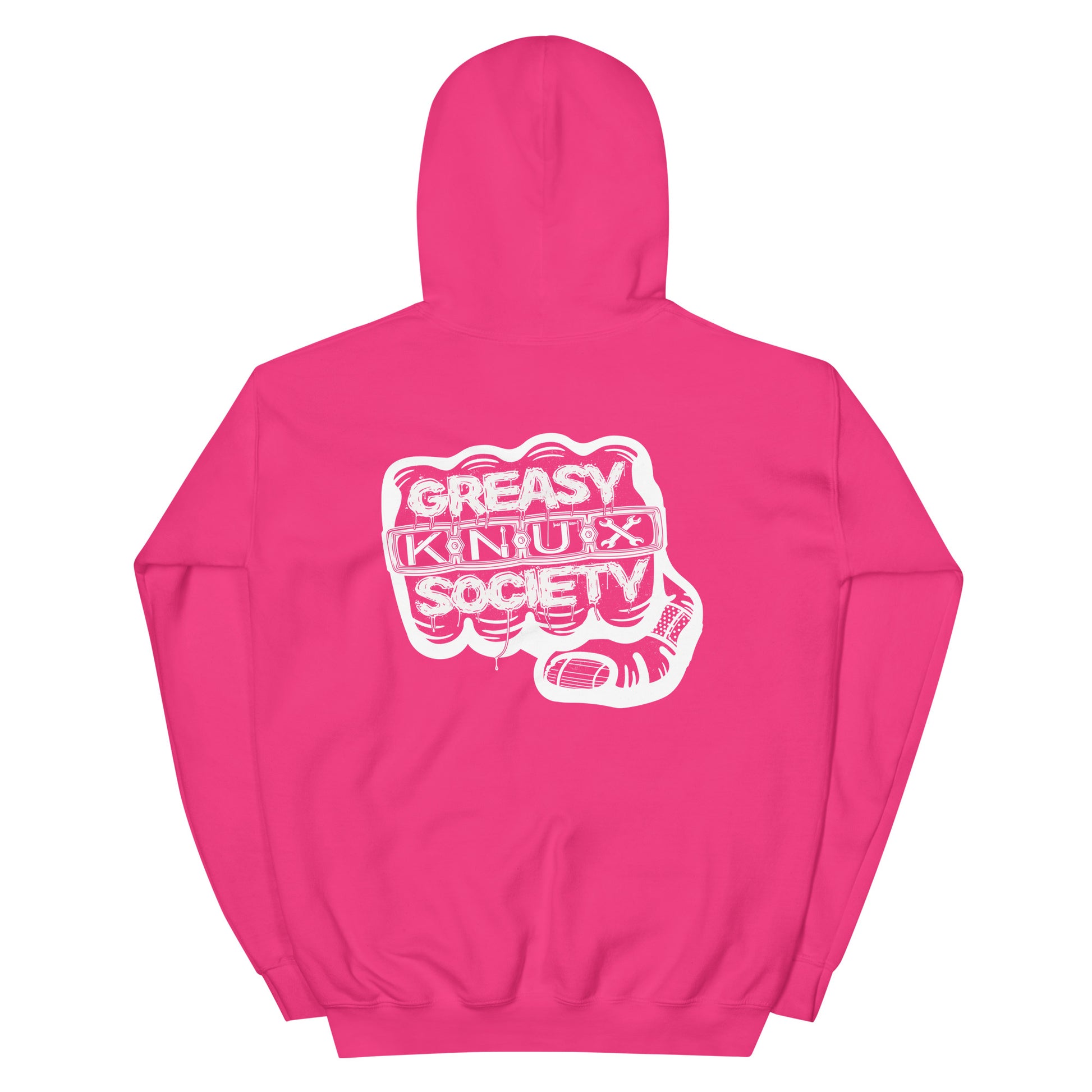 Rear of a pink hoodie with a large white logo consisting of big fist with brass knuckles and bandage on the thumb with type reading Greasy Knux Society. Greasy and Society are stylized to look like dripping grease and Knux is made of various tools.