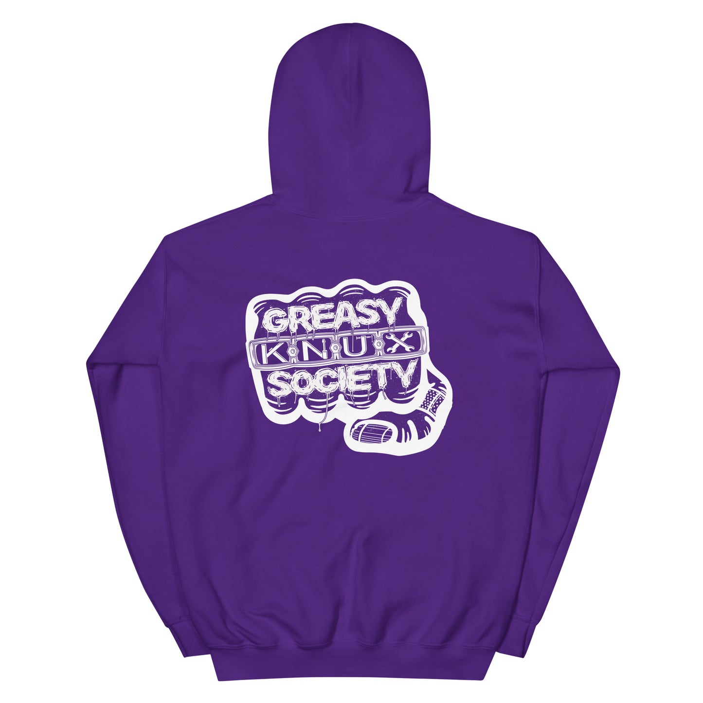 Rear of a purple hoodie with a large white logo consisting of big fist with brass knuckles and bandage on the thumb with type reading Greasy Knux Society. Greasy and Society are stylized to look like dripping grease and Knux is made of various tools.