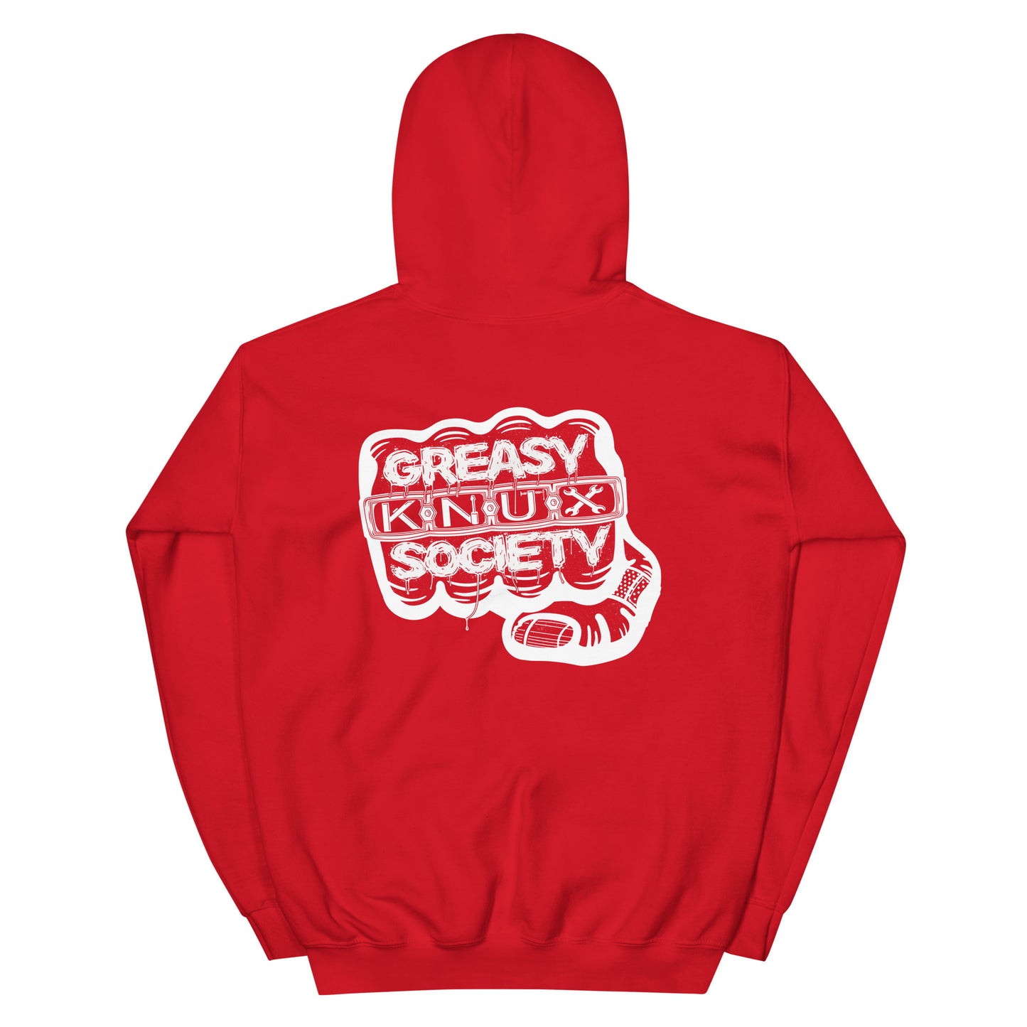 Rear of a red hoodie with a large white logo consisting of big fist with brass knuckles and bandage on the thumb with  type reading Greasy Knux Society. Greasy and Society are stylized to look like dripping grease and Knux is made of various tools.