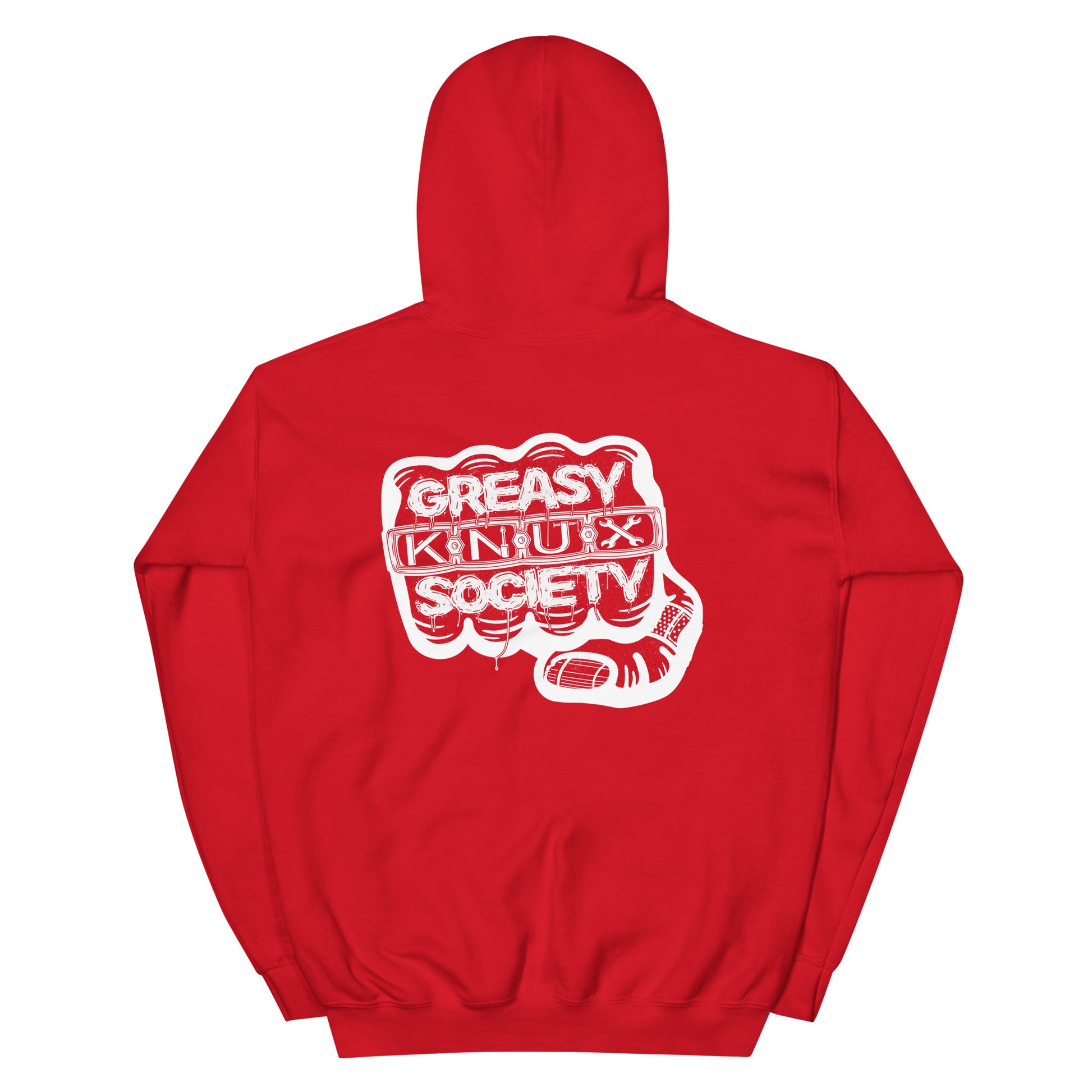 Rear of a red hoodie with a large white logo consisting of big fist with brass knuckles and bandage on the thumb with  type reading Greasy Knux Society. Greasy and Society are stylized to look like dripping grease and Knux is made of various tools.