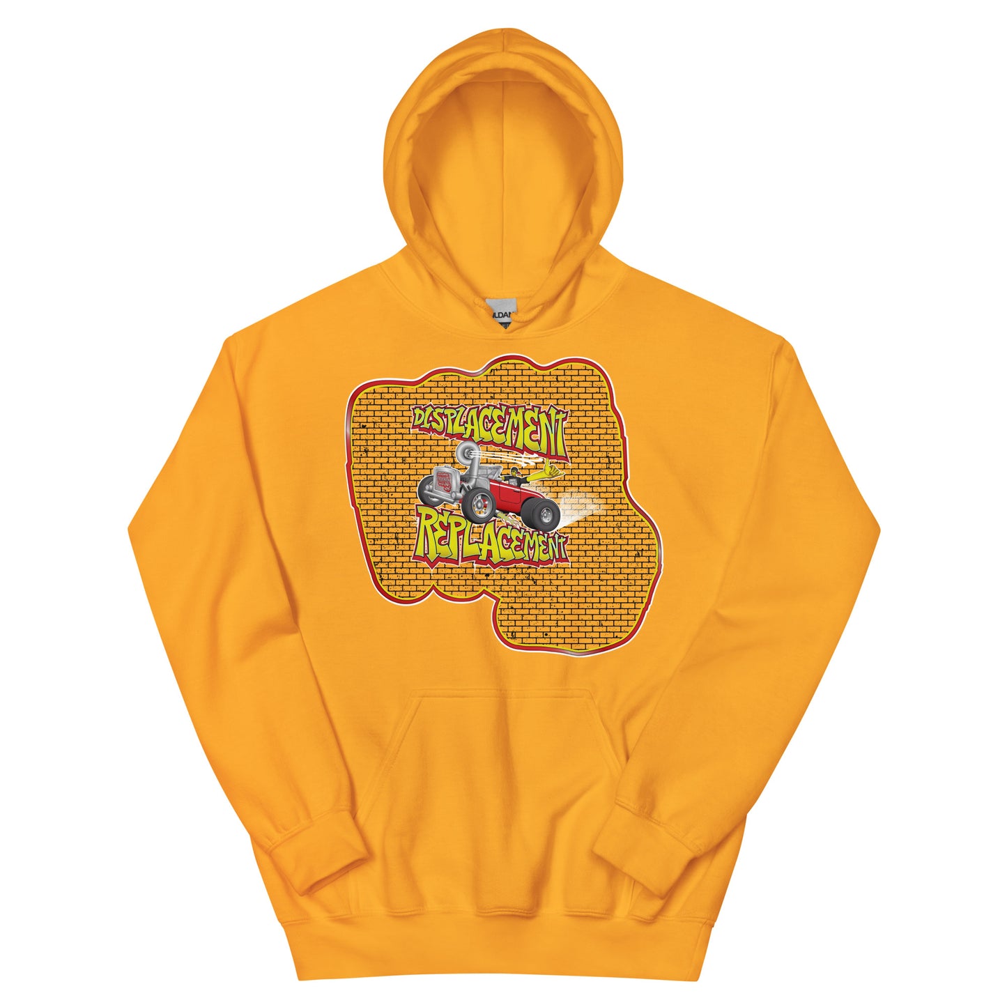 Yellow hoodie with red and yellow illustration of a retro coupe with a small engine and a giant turbo charger spinning it's wheels in front of a brick wall with a crash test dummy driving and graffiti styled text that reads Displacement Replacement.