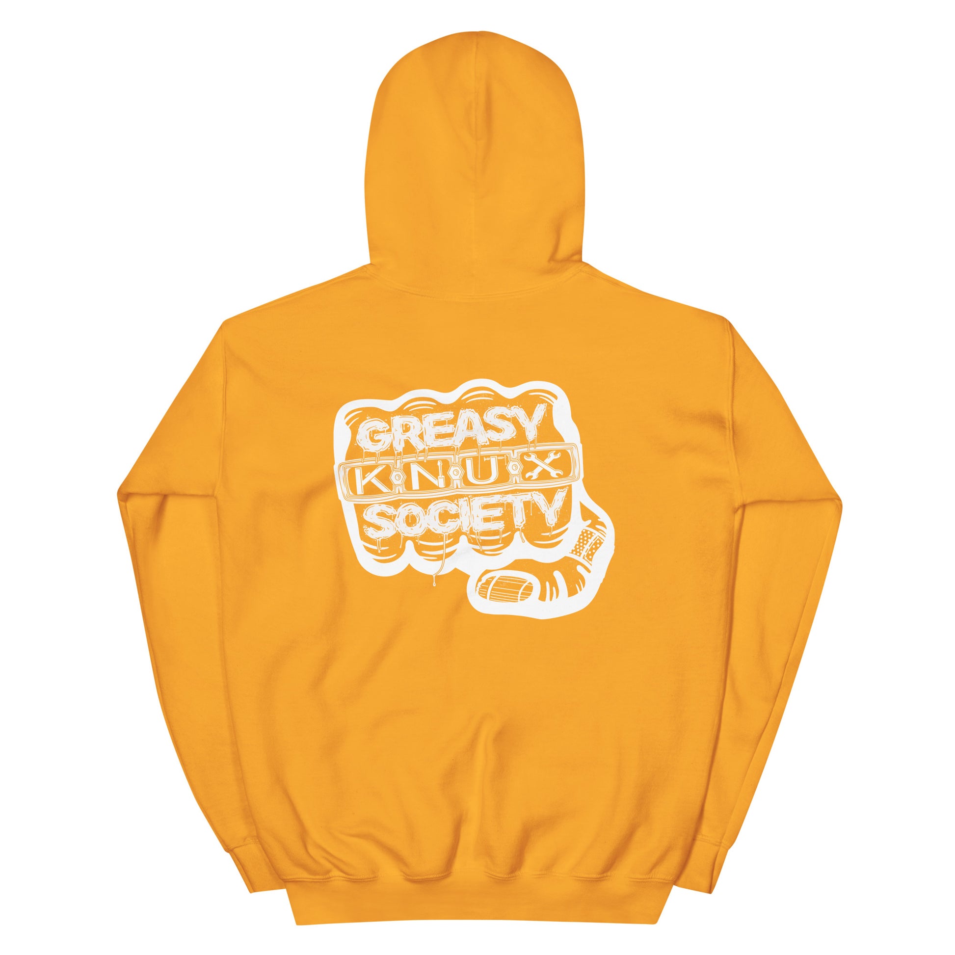 Rear of a yellow hoodie with a large white logo consisting of big fist with brass knuckles and bandage on the thumb with type reading Greasy Knux Society. Greasy and Society are stylized to look like dripping grease and Knux is made of various tools.