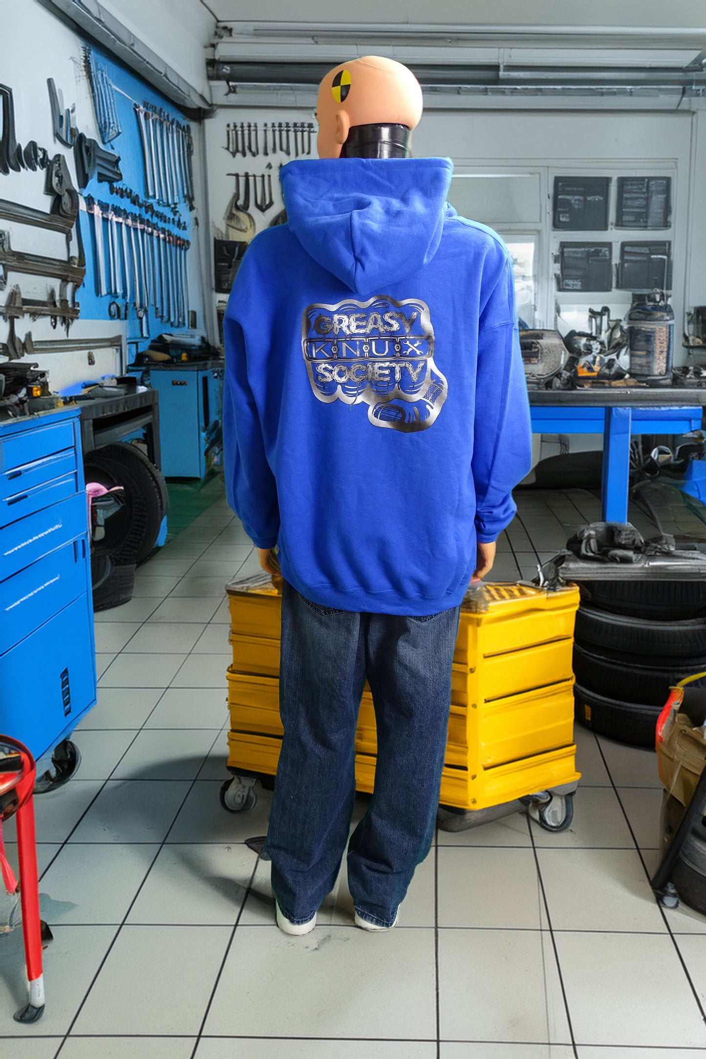 Greasy Knux Society Hoodie-Silver, Blue, & Yellow "Supercharged Heart" Design